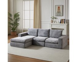 PHOEBE CAT Hoekbank - L-vormige bank - Corduroy stof - 3 kussens - Lichtgrijs