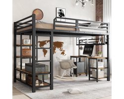 PHOEBE CAT Hoogslaper - 120x200cm - Met bureau - Opbergplank - Ijzer + Spaanplaat - Zwart + Bruin