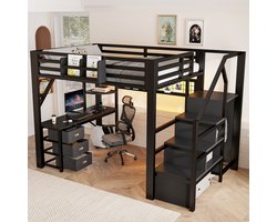 PHOEBE CAT Hoogslaper - 140 x 200 cm - Metalen frame - Met bureau - 3 lades - Opbergplanken - Kledingkast - LED-verlichting - Zwart