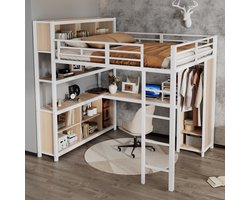 PHOEBE CAT Hoogslaper - 140x200cm - met Bureau - Opbergruimte - Kledingkast - IIjzer + Spaanplaat - Wit