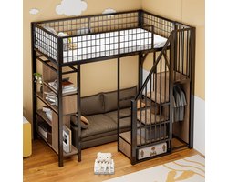 PHOEBE CAT Hoogslaper - 90 x 200 cm - Kinderbed - Opbergplank - Metalen bed - Zwart +