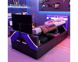 PHOEBE CAT Kinderbed - 90×200 cm - Esports-stijl - Kunstleer - LED-verlichting - Opbergruimte - Met TV-beugel - Zwart + Blauw