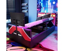 PHOEBE CAT Kinderbed - 90×200 cm - Esports-stijl - Kunstleer - LED-verlichting - Opbergruimte - Met TV-beugel - Zwart + Rood