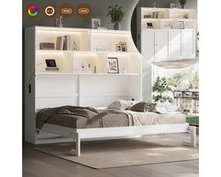 PHOEBE CAT Opklapbed - 90 x 200 cm - Opbergkast - Massief houten bed - LED-verlichting - USB-oplaadpoort - Wit