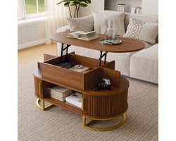 PHOEBE CAT Ovale Salontafel - MDF - In hoogte verstelbaar - Schuifdeuren - Metalen poten - Walnootkleur