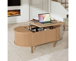 PHOEBE CAT Ovale Salontafel - Verstelbaar tafelblad - Opbergruimte - Vintage stijl - Massief houten poten - Eikenkleur