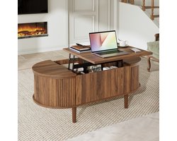 PHOEBE CAT Ovale Salontafel - Verstelbaar tafelblad - Opbergruimte - Vintage stijl - Massief houten poten - Walnoot