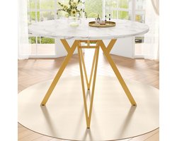 PHOEBE CAT Ronde Eettafel - Marmerlook - Metalen poten - MDF-tafelblad - Wit + Goud