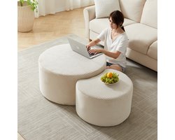 PHOEBE CAT Ronde salontafel - Set van 2 - Gewatteerd - Bijzettafel - Voetenbank - Beige