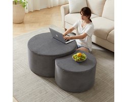 PHOEBE CAT Ronde salontafel - Set van 2 - Gewatteerd - Bijzettafel - Voetenbank - Grijs