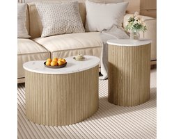 PHOEBE CAT Salontafel - Set van 2 - Marmerlook - Houtnerf - Bijtafel - Natuurlijke + Wit