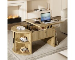 PHOEBE CAT Salontafel - Verstelbaar tafelblad - Opbergplank - Schuifdeuren - Houtnerf - Natuurlijke