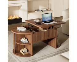 PHOEBE CAT Salontafel - Verstelbaar tafelblad - Opbergplank - Schuifdeuren - Walnoot afwerking - Bruin