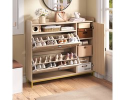 PHOEBE CAT Schoenenkast - Halmeubel - Verstelbare planken - Houtlook - Metalen poten - Naturelkleur