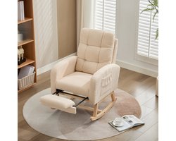 PHOEBE CAT Schommelstoel - Teddy - Fauteuil - Massief houten frame - Met voetensteun - Moeders stoel - Beige