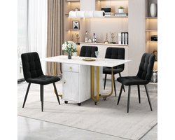 PHOEBE CAT Set tafel en stoelen - Opvouwbare eettafel - 4 velvet stoelen - MDF - Marmerlook - Wit + Zwart + Gouden