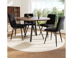 PHOEBE CAT Set tafel en stoelen - Ronde eettafel - 4 velvet stoel - Walnootlook - Metalen poten - Zwart