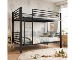 PHOEBE CAT Stapelbed - 90x200 cm - Metalen frame - Kinderbed - ladder links of rechts te monteren - Zwart