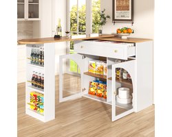 PHOEBE CAT Uitschuifbare bartafel - 360° draaibare eettafel - Keukeneiland - Met planken - Glazen deuren - Dressoir - Wit