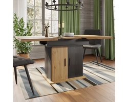 PHOEBE CAT Uitschuifbare Eettafel - 110-140 cm - Geschikt voor 4-6 personen - Met opbergkast - Zwart + Natuurlijke