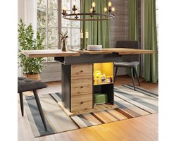 PHOEBE CAT Uitschuifbare Eettafel - 110-140 cm - Met opbergkast - 3 lades - LED-verlichting - Zwart + Natuurlijke
