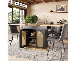 PHOEBE CAT Uitschuifbare Eettafel - 110-140 cm - Met opbergkast - PE rotan deuren - Zwart + Natuurlijke