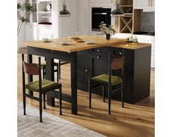 PHOEBE CAT Uitschuifbare Eettafel - Bartafel - Keukenkast - Met opbergruimte - 3 lades - Houtlook - Zwart + Naturel