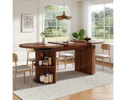 PHOEBE CAT Uitschuifbare Eettafel - Met opbergplank - Extra dik tafelblad - MDF - Houtlook - Walnootkleur