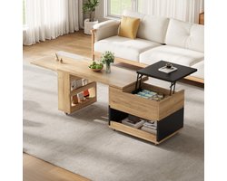 PHOEBE CAT Uitschuifbare Salontafel - 360° draaibare - In hoogte verstelbaar - Met wieltjes - Zwart + Naturel houtkleur
