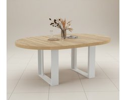 Phoenix Luxe Uitschuifbare Ronde Eettafel 120-160 cm - 6 tot 8 personen - Houtlook & Wit - Modern Design Eetkamertafel - Casa Serena