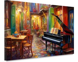 Piano schilderij - Muziekinstrument portret - Schilderijen canvas Stoel - Woonkamer decoratie industrieel - Canvas keuken - Kunst canvas 90x60 cm