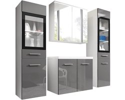 PIASKI Udine Badkamermeubelset, wastafel inclusief, badkamermeubelset, hoge kast, wastafel, spiegel, glazen kast, sifon en wastafel inbegrepen (led grijs)