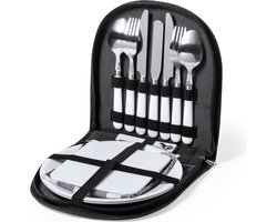 Picknick serviesset - Bestekset - Camping servies - Reisbestek - Met opbergetui - RVS - 13-delig - Zilver/wit