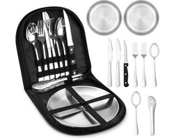 Picknick Set - 10-Delig - Kamperen Set - Camping Servies - Campingservies Voor 2 Personen - Roestvrijstalen Bestek - Handig - Geschikt Voor Kamperen, Picknicken En Reizen - Zilver