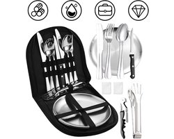 Picknick Set - Kamperen Set - Camping Servies - voor 2 Personen ( 2 x Vorken, 2 x Lepels, 2 x Messen, 1 x Steakmes, 2 x Roestvrijstalen Borden, 1 x Tang, 1 x Flesopener)