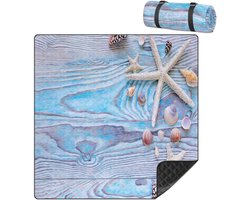 Picknickkleed Stranddeken - Buitenmat Kampeerkleed - Buitenactiviteiten Genieten - Waterdicht Zandbestendig - 200x200 cm - Schelpen Zeester Houten Achtergrond