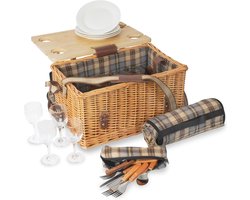 Picknickmand 4 personen - Serviesset Buitenservies - Gezellige Uitjes - Inclusief Serveertafel - 25-delig - Blauw Beige