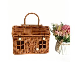 Picknickmand - met deksel - Rieten tuinmand -Picknickmand Rieten - Boodschappenmand Cadeau - huisvormige PP rotan picknick - voor Picknick Planten Opberg Decoratie - Handgeweven - 24×14×16cm