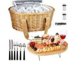 Picknickmand met Wijnpicknicktafel - Inclusief 2 Wijnflessenhouders en Servies voor 2 Personen - Ideaal voor Picknicks, Bruiloften en Feestjes - Rotan Mand met Inlegger en Bestek