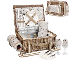Picknickmand voor 2 Personen met Deken - Wilgenhouten Picknickmand met Schouderriem en Wijnzak | Picknickset met Geïsoleerd Koelcompartiment, Bestekset en Porseleinen Borden | Ideaal Geschenk voor Kerstmis