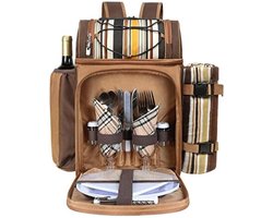 Picknickrugzak voor 2 personen met geïsoleerde koelvakken, wijnhouder, fleece deken en bestekset - Ideaal voor strand, wandelen, kamperen en barbecues
