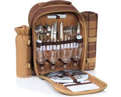 Picknickrugzak voor 4 personen (bruin) | Picknickset 32-delig | incl. flessenhouder en fleece deken, groot koelvak, servies en bestek