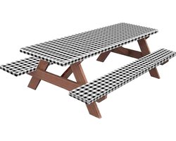 Picknicktafel Bankovertrek Set - Tafelkleed Beschermhoes - Buitenfeesten Beschermen - Waterdicht Flanellen Achterkant - 3 Delig - Rood Zwart