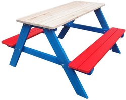 Picknicktafel, picknickbank kinderen, grenen hout, rood, wit, blauw