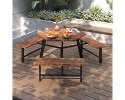 Picknicktafel Set 6 Personen - Duurzaam Acaciahout - Inclusief 3 Banken - Met Parasolgat - Stabiel Metalen Frame - Voor Tuin, Terras & Camping - Tuinset Buiten Tafel Bank Combinatie