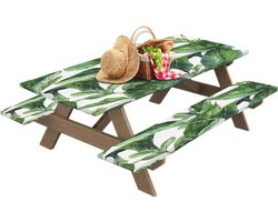 Picknicktafelhoes Bankhoezen - Tafelkleden Elastisch - Buiten Beschermen - Waterdicht Flanellen - 183x76cm Tafel - Groen Bladeren