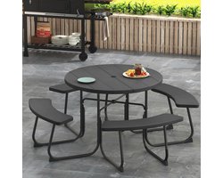Picknicktafelset voor 8 Personen, Ronde Tuinmeubel met Paraplugat en Banken, Weerbestendig HDPE, Ideaal voor Buitenbijeenkomsten, Antislip en Stabiel