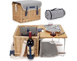 Picknicktas - Picknickmand - Wilgenmand - voor 2 Personen - met Bamboe Wijntafel - Metalen Poten - Bestek van RVS - Keramische borden - Wijnglazen - Flessenopener - Servet - Picknickkleed - voor Camping - Outdoor Party - 27.9 x 38.1 x 25.4 cm - Bruin
