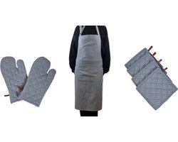 Picnic Richmond Dove Keukenset 7-delig | Keukenschort + 2 Ovenwanten + 4 Pannenlappen | 100% Katoen | Blauw-Grijs | Ruitmotief met Ophanglus | Wasbaar 40°C