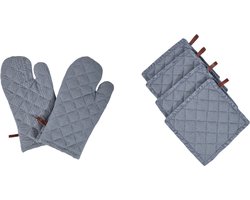 Picnic Richmond Dove Keukentextielset 6-delig | 2 Ovenwanten & 4 Pannenlappen | 100% Katoen | Blauw-Grijs | Ruitmotief met Ophanglus | Wasbaar tot 40°C